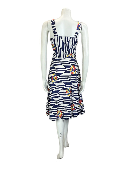 VTG 60S 70S NAVY BLUE WHITE CHEVRON GEOMETRIC FLORAL STRAPPY SUN DRESS 10 12