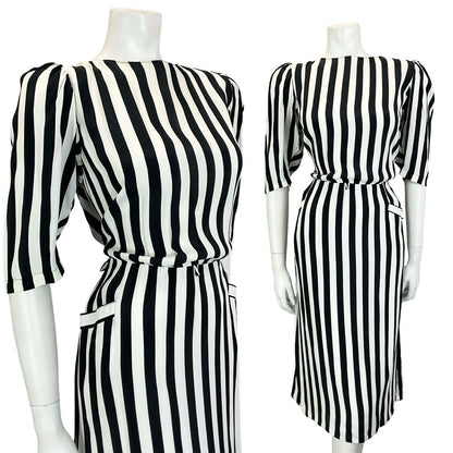 VTG 60S 70S BLACK WHITE STRIPED BLOUSON 1/2 SLEEVE MIDI DRESS W/ POCKETS M 12 14