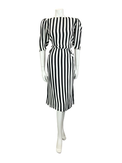 VTG 60S 70S BLACK WHITE STRIPED BLOUSON 1/2 SLEEVE MIDI DRESS W/ POCKETS M 12 14