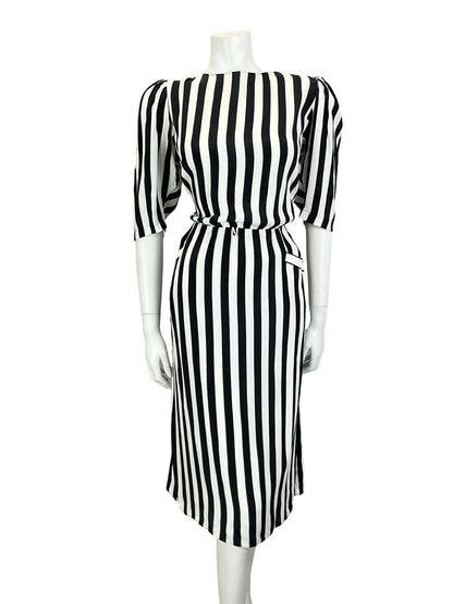 VTG 60S 70S BLACK WHITE STRIPED BLOUSON 1/2 SLEEVE MIDI DRESS W/ POCKETS M 12 14