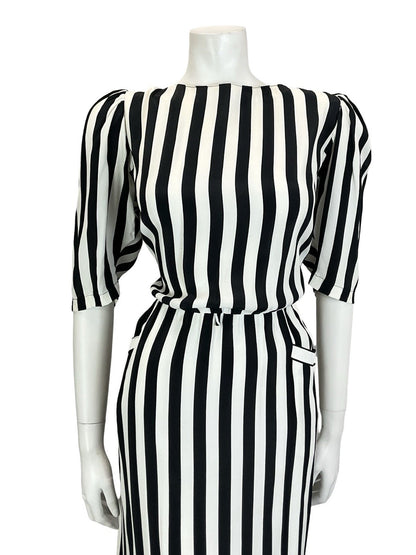 VTG 60S 70S BLACK WHITE STRIPED BLOUSON 1/2 SLEEVE MIDI DRESS W/ POCKETS M 12 14
