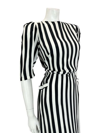 VTG 60S 70S BLACK WHITE STRIPED BLOUSON 1/2 SLEEVE MIDI DRESS W/ POCKETS M 12 14