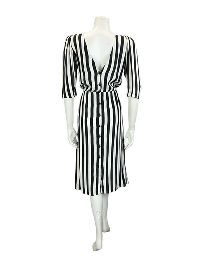 VTG 60S 70S BLACK WHITE STRIPED BLOUSON 1/2 SLEEVE MIDI DRESS W/ POCKETS M 12 14