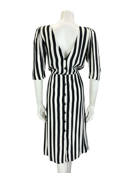 VTG 60S 70S BLACK WHITE STRIPED BLOUSON 1/2 SLEEVE MIDI DRESS W/ POCKETS M 12 14