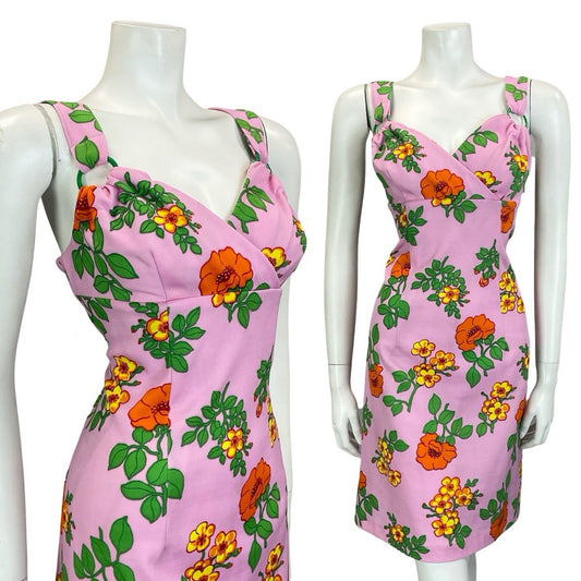 VTG 60S 70S PINK ORANGE YELLOW GREEN SWEETHEART FLORAL PLUNGE EMPIRE DRESS 14