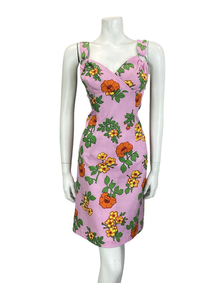 VTG 60S 70S PINK ORANGE YELLOW GREEN SWEETHEART FLORAL PLUNGE EMPIRE DRESS 14
