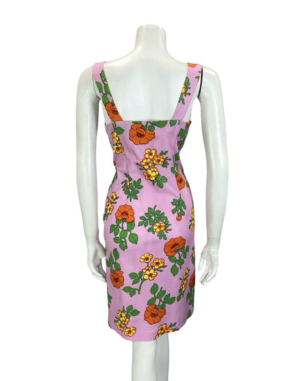VTG 60S 70S PINK ORANGE YELLOW GREEN SWEETHEART FLORAL PLUNGE EMPIRE DRESS 14