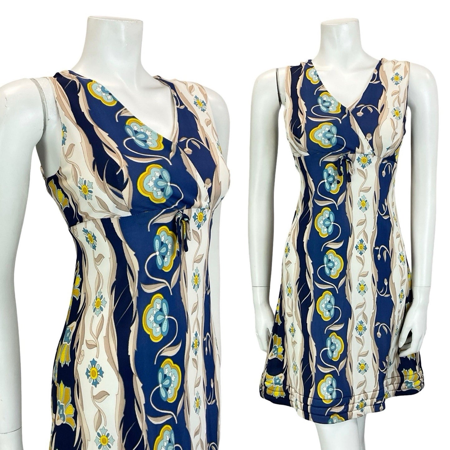VTG 60S 70S EMPIRE PLUNGING BLUE CREAM BEIGE FLORAL PSYCHEDELIC QUILT DRESS 10