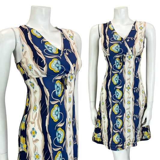 VTG 60S 70S EMPIRE PLUNGING BLUE CREAM BEIGE FLORAL PSYCHEDELIC QUILT DRESS 10