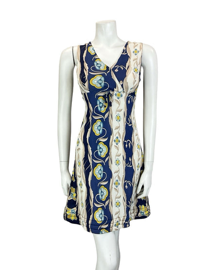 VTG 60S 70S EMPIRE PLUNGING BLUE CREAM BEIGE FLORAL PSYCHEDELIC QUILT DRESS 10