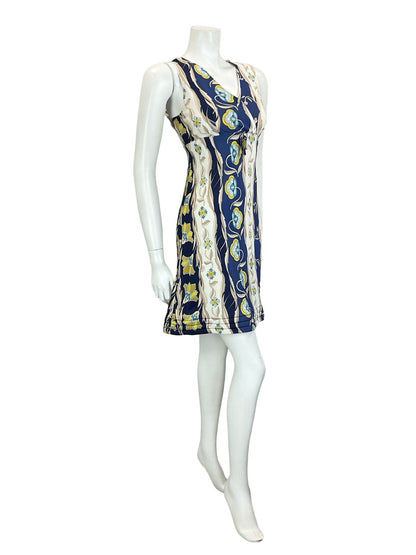 VTG 60S 70S EMPIRE PLUNGING BLUE CREAM BEIGE FLORAL PSYCHEDELIC QUILT DRESS 10