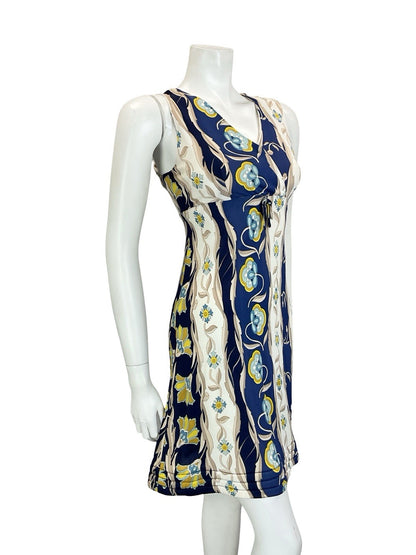 VTG 60S 70S EMPIRE PLUNGING BLUE CREAM BEIGE FLORAL PSYCHEDELIC QUILT DRESS 10
