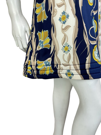 VTG 60S 70S EMPIRE PLUNGING BLUE CREAM BEIGE FLORAL PSYCHEDELIC QUILT DRESS 10