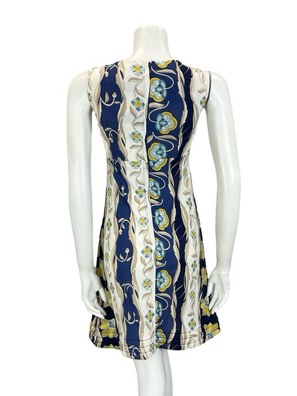 VTG 60S 70S EMPIRE PLUNGING BLUE CREAM BEIGE FLORAL PSYCHEDELIC QUILT DRESS 10