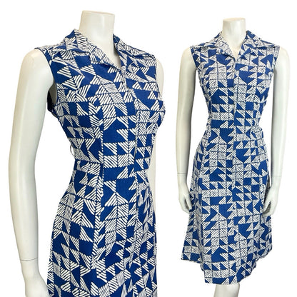 VTG 60S 70S NAVY BLUE STRIPED TILED GEOMETRIC ZIP UP COTTON SHIRT DRESS 10 12