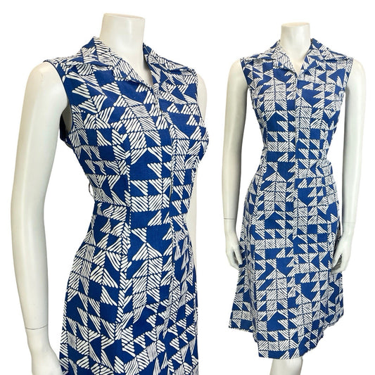 VTG 60S 70S NAVY BLUE STRIPED TILED GEOMETRIC ZIP UP COTTON SHIRT DRESS 10 12