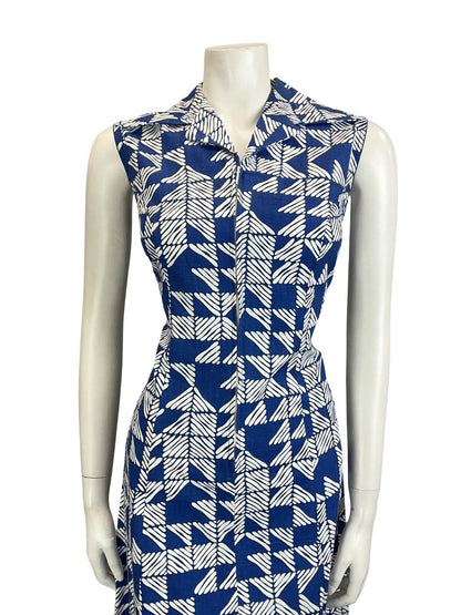 VTG 60S 70S NAVY BLUE STRIPED TILED GEOMETRIC ZIP UP COTTON SHIRT DRESS 10 12