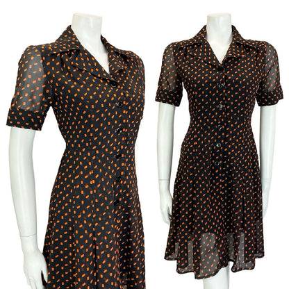 VTG 90S DOES 70S BLACK ORANGE GEOMETRIC PLEATED JOHNNY COLLAR SHIRT DRESS 4