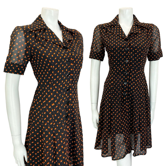 VTG 90S DOES 70S BLACK ORANGE GEOMETRIC PLEATED JOHNNY COLLAR SHIRT DRESS 4