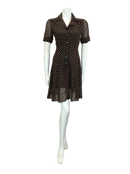 VTG 90S DOES 70S BLACK ORANGE GEOMETRIC PLEATED JOHNNY COLLAR SHIRT DRESS 4