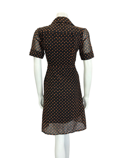 VTG 90S DOES 70S BLACK ORANGE GEOMETRIC PLEATED JOHNNY COLLAR SHIRT DRESS 4
