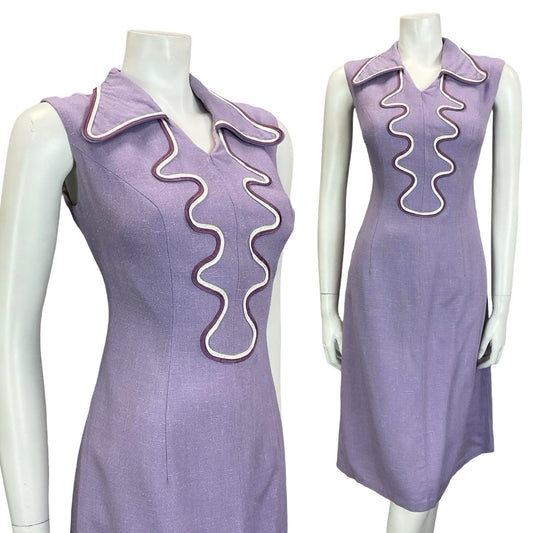 VTG 60S 70S LILAC PURPLE WHITE WAVY DOG EAR COLLAR MOD SHIRT DRESS M 12 14