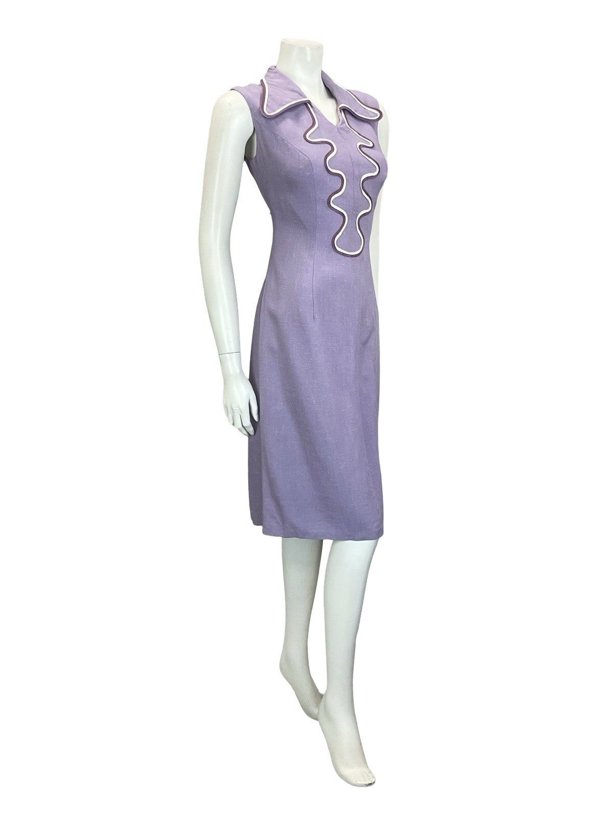 VTG 60S 70S LILAC PURPLE WHITE WAVY DOG EAR COLLAR MOD SHIRT DRESS M 12 14