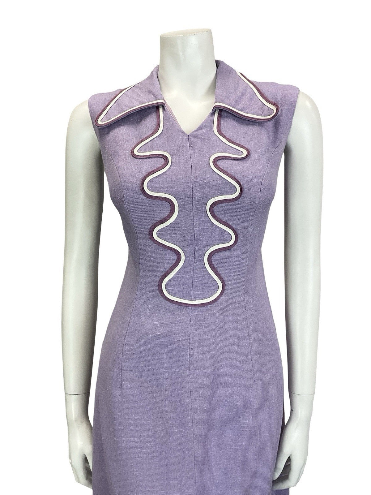 VTG 60S 70S LILAC PURPLE WHITE WAVY DOG EAR COLLAR MOD SHIRT DRESS M 12 14