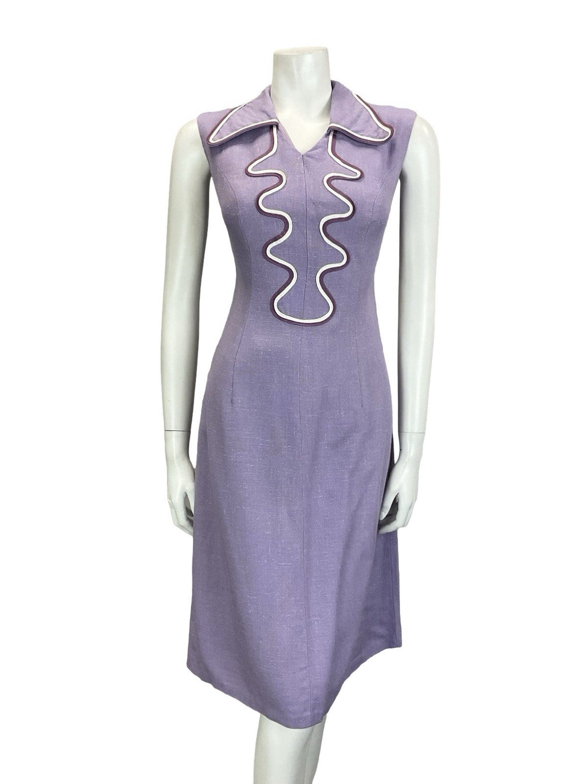 VTG 60S 70S LILAC PURPLE WHITE WAVY DOG EAR COLLAR MOD SHIRT DRESS M 12 14