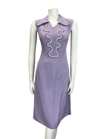 VTG 60S 70S LILAC PURPLE WHITE WAVY DOG EAR COLLAR MOD SHIRT DRESS M 12 14