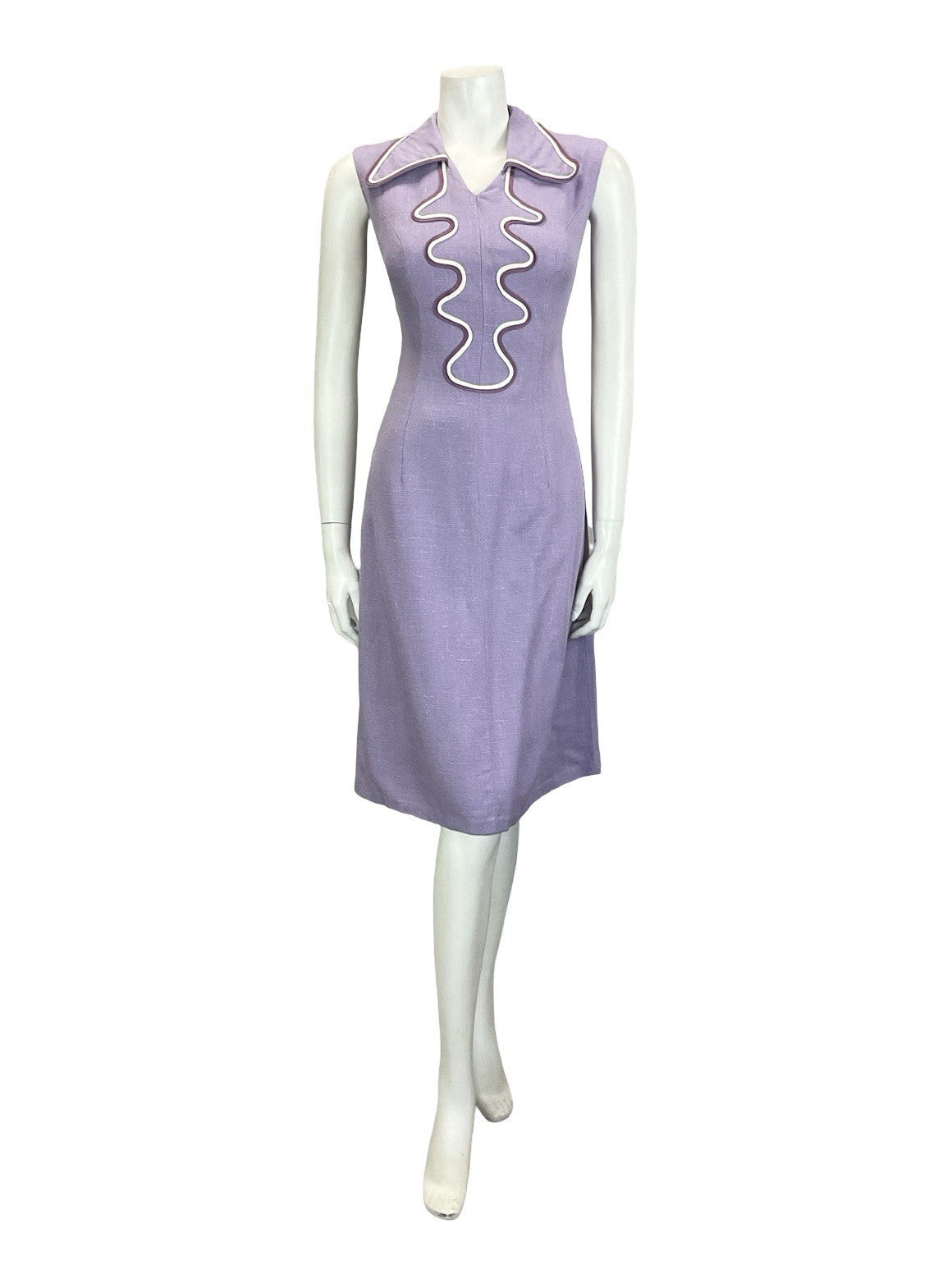 VTG 60S 70S LILAC PURPLE WHITE WAVY DOG EAR COLLAR MOD SHIRT DRESS M 12 14