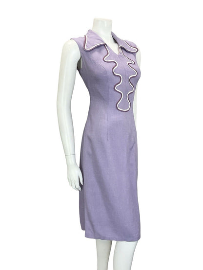 VTG 60S 70S LILAC PURPLE WHITE WAVY DOG EAR COLLAR MOD SHIRT DRESS M 12 14