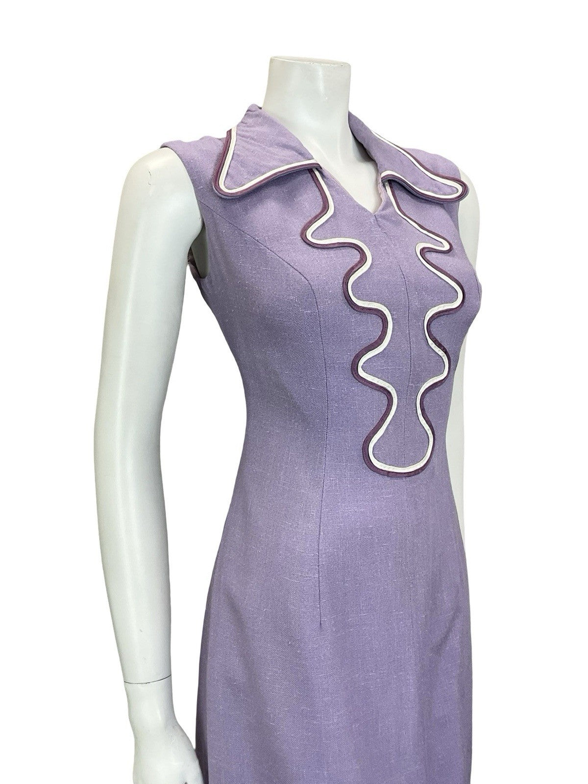 VTG 60S 70S LILAC PURPLE WHITE WAVY DOG EAR COLLAR MOD SHIRT DRESS M 12 14