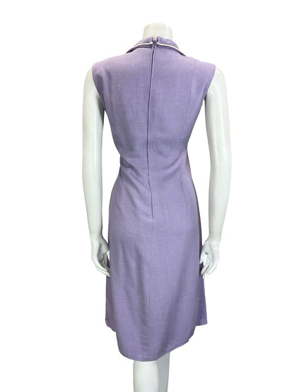 VTG 60S 70S LILAC PURPLE WHITE WAVY DOG EAR COLLAR MOD SHIRT DRESS M 12 14