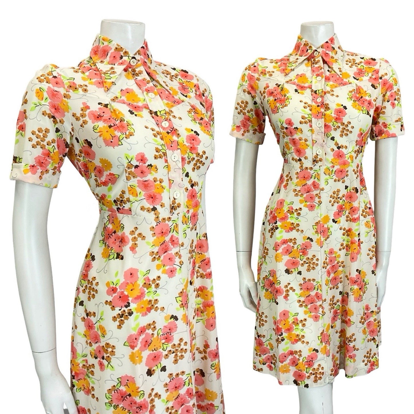 VTG 60S 70S MOD WHITE ORANGE PINK BROWN FORAL DAGGER A LINE SHIRT DRESS 10