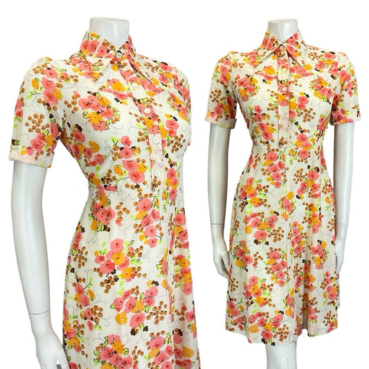 VTG 60S 70S MOD WHITE ORANGE PINK BROWN FORAL DAGGER A LINE SHIRT DRESS 10