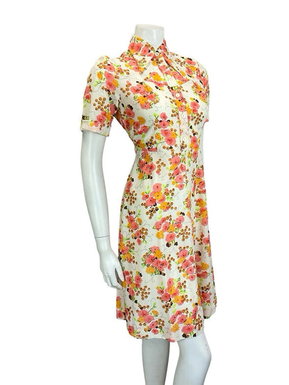 VTG 60S 70S MOD WHITE ORANGE PINK BROWN FORAL DAGGER A LINE SHIRT DRESS 10