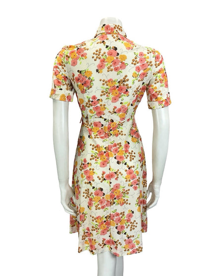 VTG 60S 70S MOD WHITE ORANGE PINK BROWN FORAL DAGGER A LINE SHIRT DRESS 10