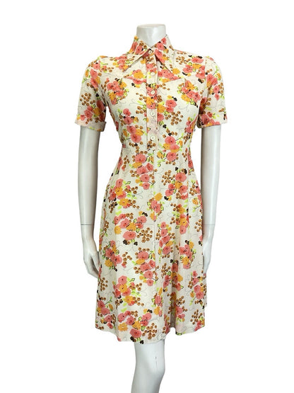 VTG 60S 70S MOD WHITE ORANGE PINK BROWN FORAL DAGGER A LINE SHIRT DRESS 10