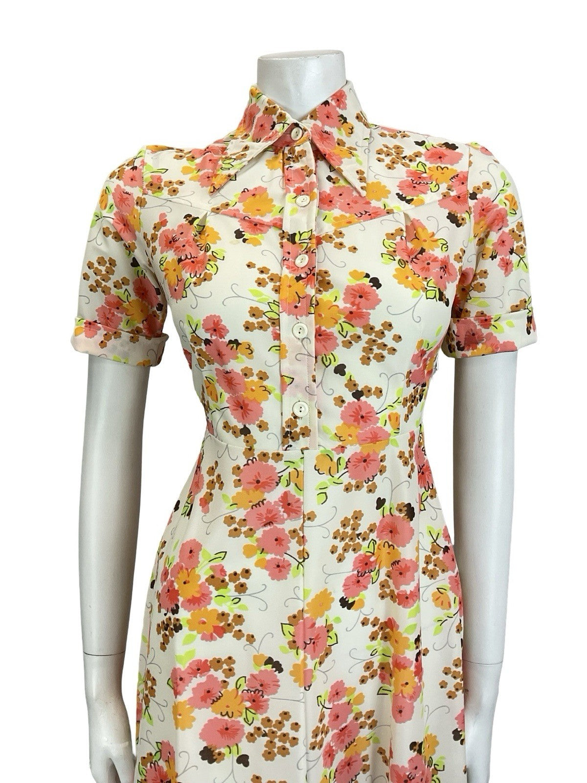 VTG 60S 70S MOD WHITE ORANGE PINK BROWN FORAL DAGGER A LINE SHIRT DRESS 10