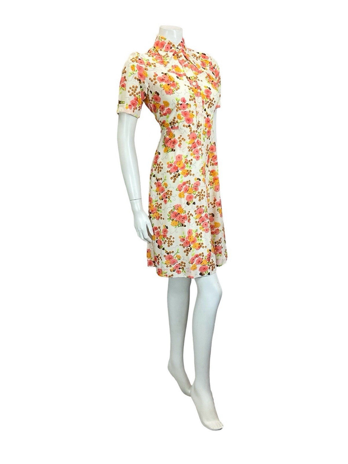 VTG 60S 70S MOD WHITE ORANGE PINK BROWN FORAL DAGGER A LINE SHIRT DRESS 10