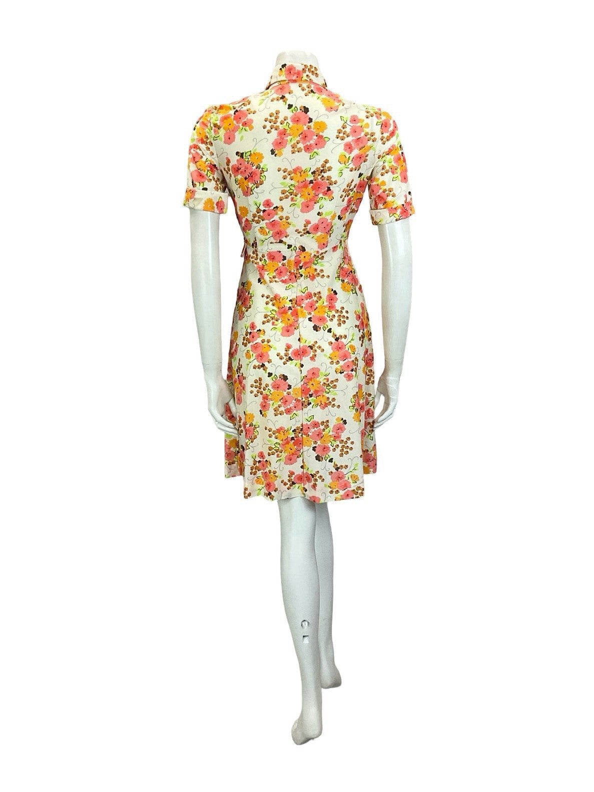 VTG 60S 70S MOD WHITE ORANGE PINK BROWN FORAL DAGGER A LINE SHIRT DRESS 10