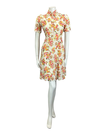 VTG 60S 70S MOD WHITE ORANGE PINK BROWN FORAL DAGGER A LINE SHIRT DRESS 10