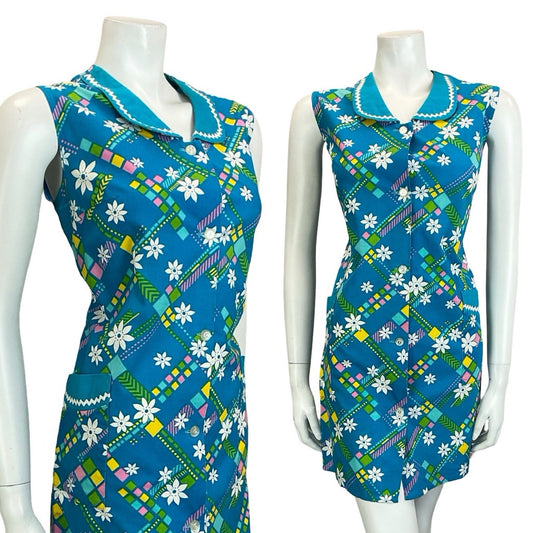 VTG 60S BLUE WHITE YELLOW FLORAL GEOMETRIC PETER PAN COLLAR SHIFT DRESS 16