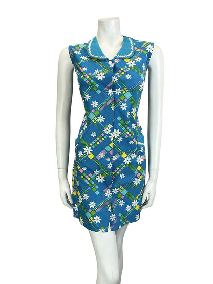 VTG 60S BLUE WHITE YELLOW FLORAL GEOMETRIC PETER PAN COLLAR SHIFT DRESS 16