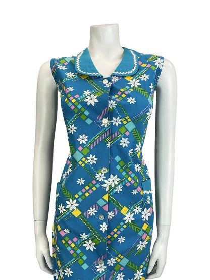 VTG 60S BLUE WHITE YELLOW FLORAL GEOMETRIC PETER PAN COLLAR SHIFT DRESS 16