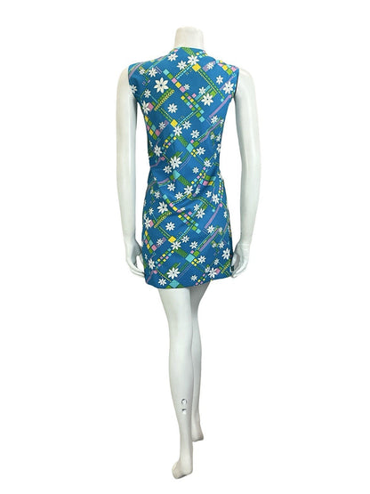 VTG 60S BLUE WHITE YELLOW FLORAL GEOMETRIC PETER PAN COLLAR SHIFT DRESS 16