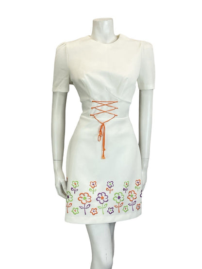VTG 60S 70S WHITE ORANGE PURPLE GREEN FLORAL LACE UP RIC RAC MINI DRESS 12 14 M