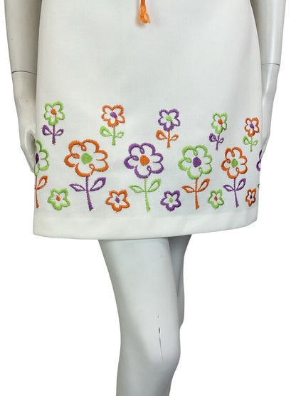 VTG 60S 70S WHITE ORANGE PURPLE GREEN FLORAL LACE UP RIC RAC MINI DRESS 12 14 M