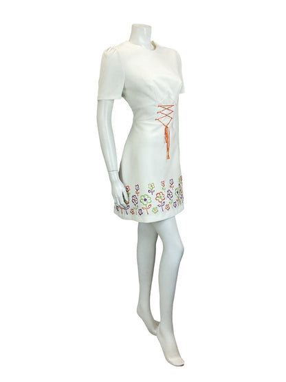 VTG 60S 70S WHITE ORANGE PURPLE GREEN FLORAL LACE UP RIC RAC MINI DRESS 12 14 M